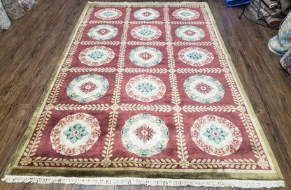 Nepalese Aubusson Panel Rug 6x9, Red & Ivory Soft Plush Tibetan Pile Rug, Wool Hand-Knotted Carpet, 6 x 9 Elegant Area Rug, Office Room Rug-0
