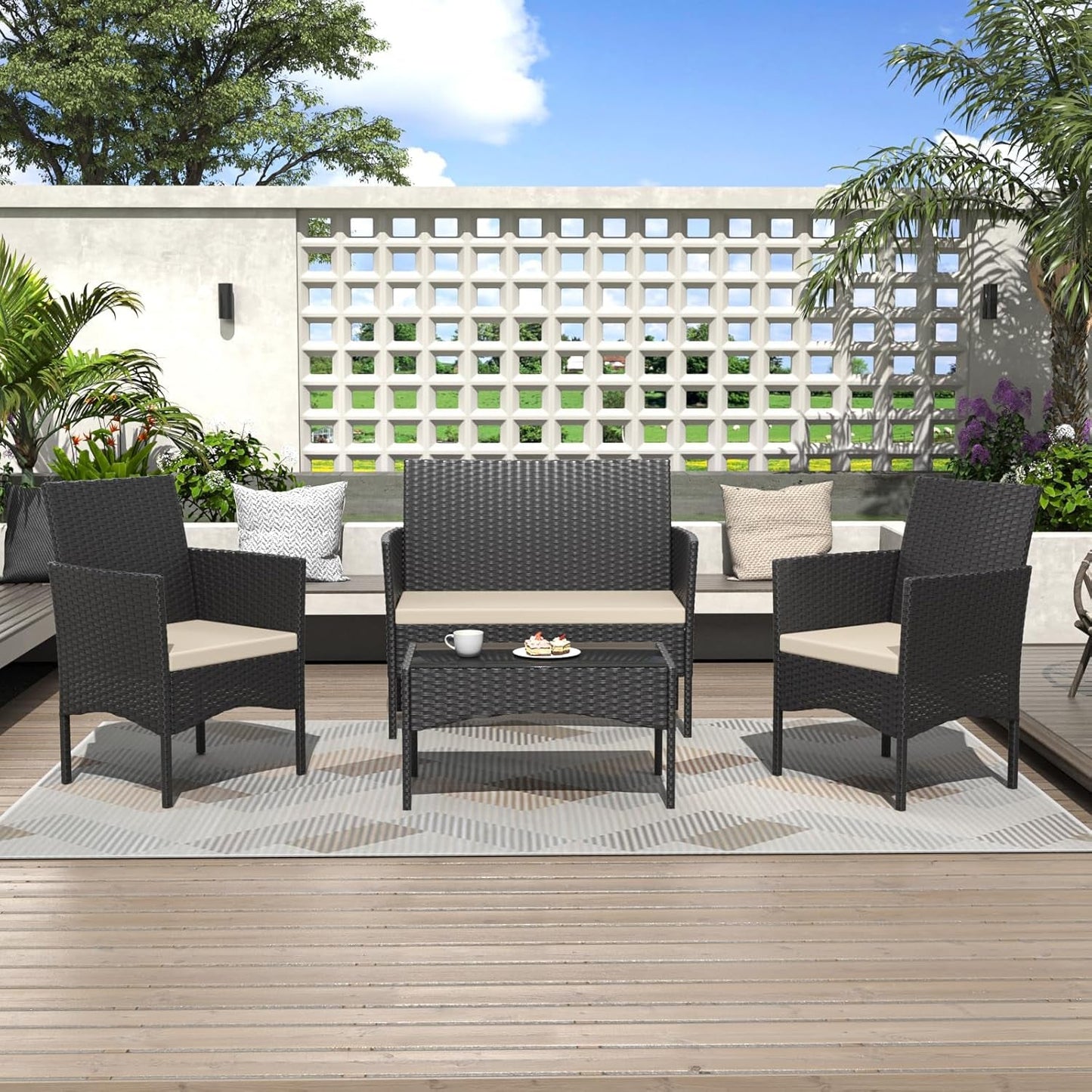 Stylish Four Piece Outdoor Rattan Patio Furniture Set