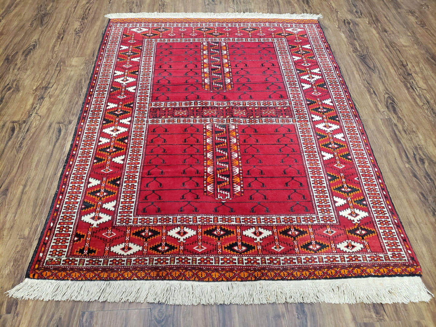 Antique Persian Turkoman Rug 4x5, Hatchli Tekkeh Ersari Red Tribal Rug, Handmade Wool Oriental Carpet, Four Seasons Rug-0