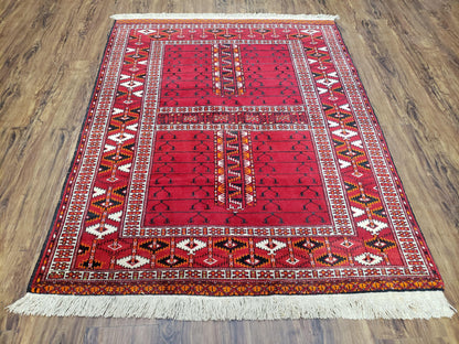 Antique Persian Turkoman Rug 4x5, Hatchli Tekkeh Ersari Red Tribal Rug, Handmade Wool Oriental Carpet, Four Seasons Rug-0