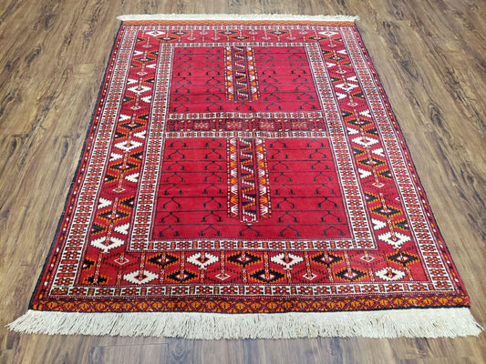 Antique Persian Turkoman Rug 4x5, Hatchli Tekkeh Ersari Red Tribal Rug, Handmade Wool Oriental Carpet, Four Seasons Rug-0