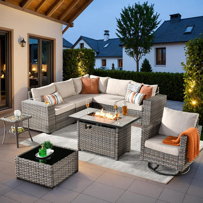9 Pieces Patio Furniture Set, Outdoor Sectional Sofa with Swivel Rocking Chair, 42" Fire Pit Table, Wide Arms and Deep Seat, Modular Wicker Rattan Conversation Set, Beige-0