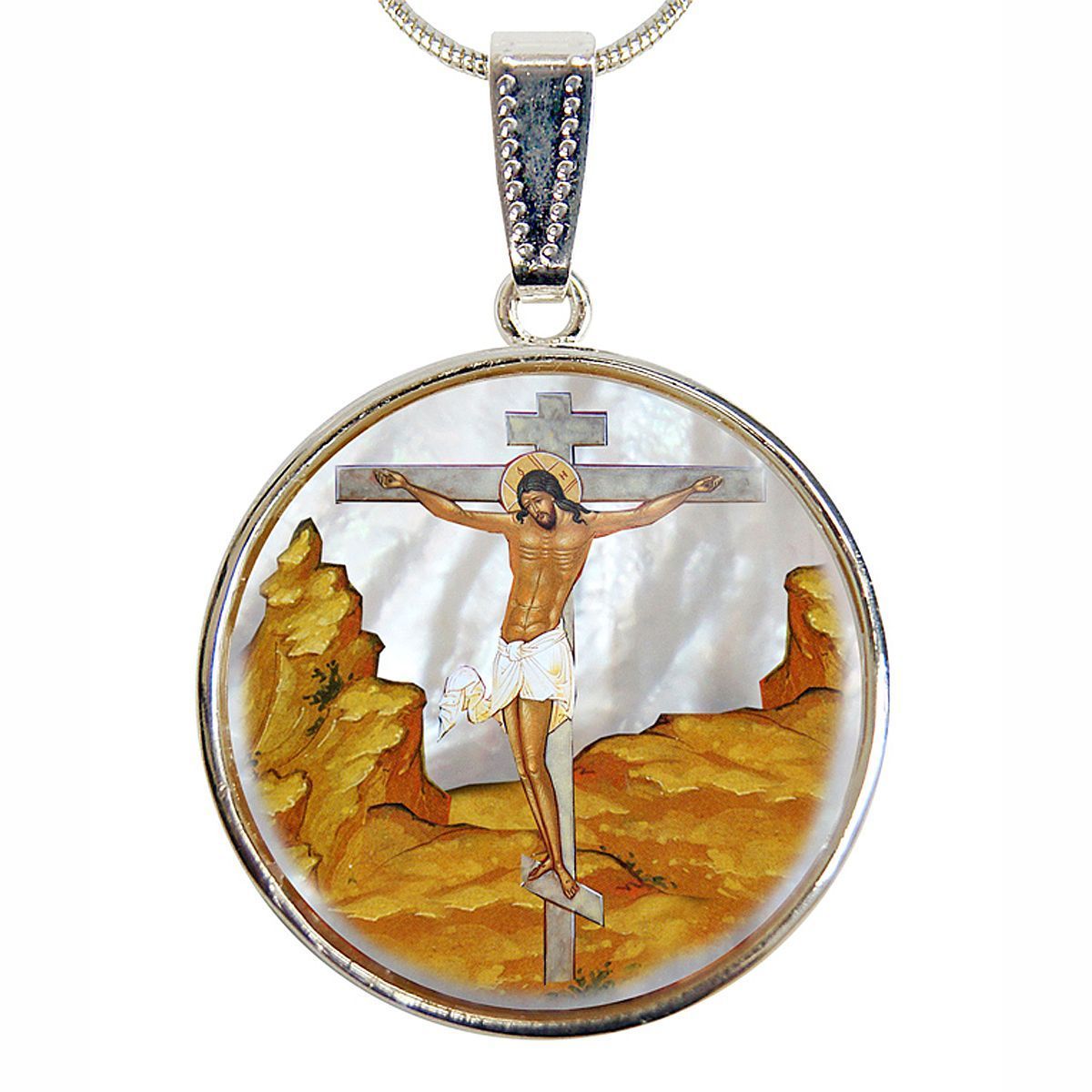 Crucifixion Silver Plated Mother of Pearl Jewelry Necklace - 43058-3