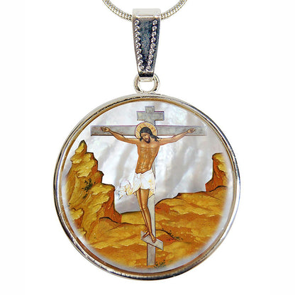 Crucifixion Silver Plated Mother of Pearl Jewelry Necklace - 43058-3