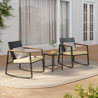 3 Pieces Rocking Patio Bistro Set with Anti-Scald Armrest, Outdoor Patio Wicker Furniture Set with Glass Table and Cushion for Garden, Yard, Porch-1