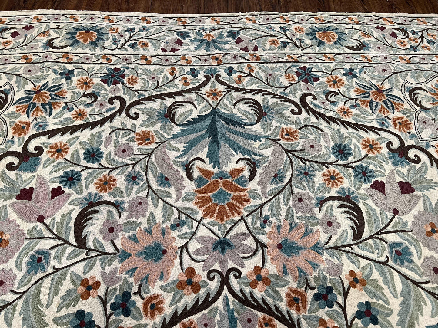 Chain Stitched Rug 9x12 Vintage Carpet 9 x 12 Flatweave Rug, Ivory Teal Rug, Area Rug 9 by 12, Hand Stitched Rug, Medallion, Indian Rug