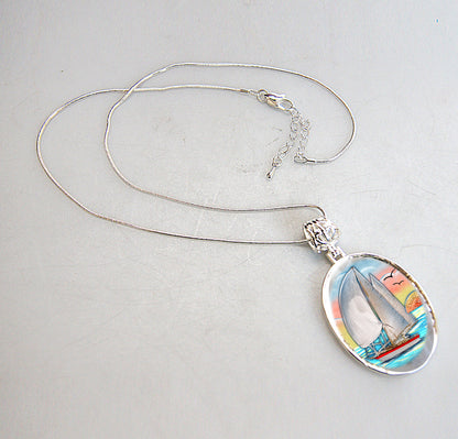 Sailboat Silver Plated Mother of Pearl Jewelry Pendant Necklace Coastal - 44043