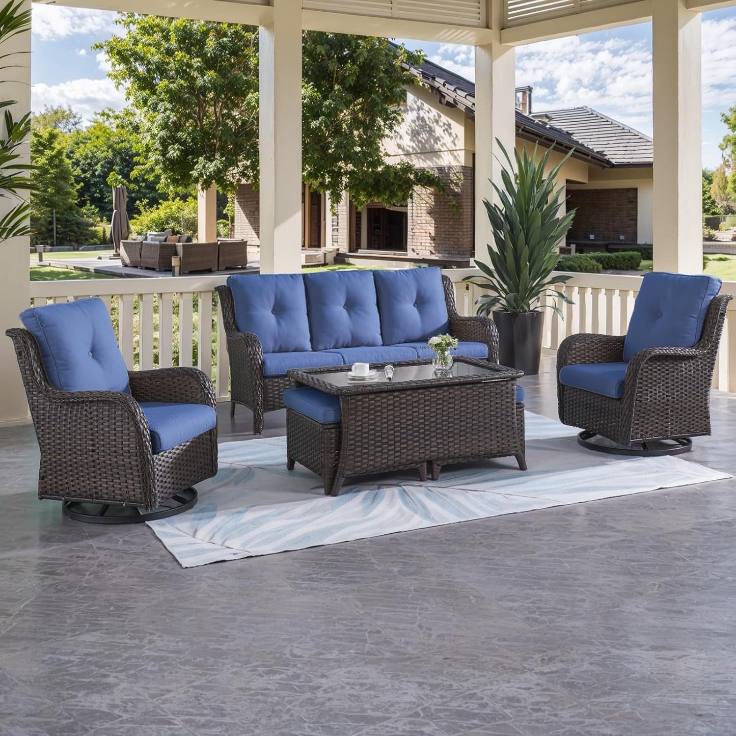 Patio Furniture 6 Pieces Outdoor Furniture Set Wicker Outdoor Sectional Sofa with Swivel Rocking Chairs,Patio Ottomans,Patio Coffee Table