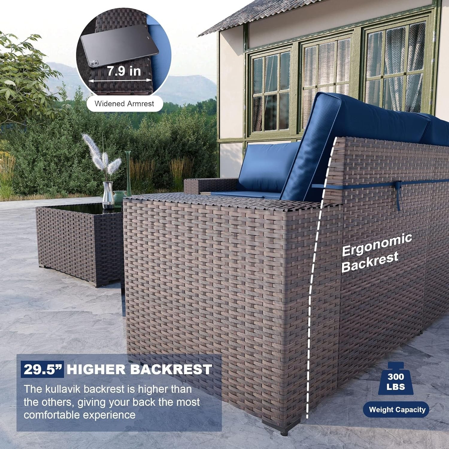 6PCS Outdoor Patio Furniture Set PE Wicker Rattan Sectional Sofa Patio Conversation Sets,Navy Blue-1