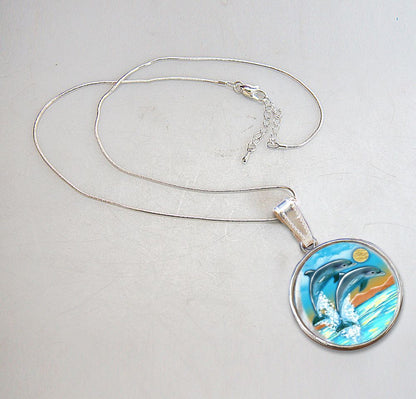 Flying Dolphins Silver Plated Jewelry Mother of Pearl Pendant Necklace - 44011-3
