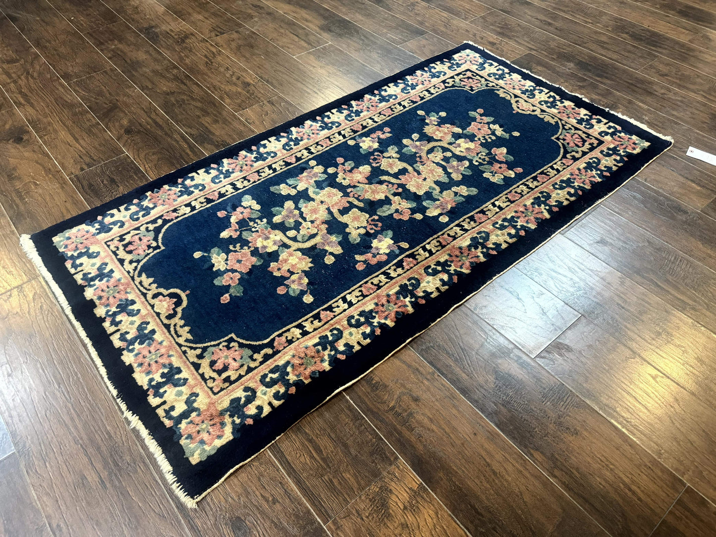 Blue and Beige Chinese Wool Rug 3x6, Chinese Fete Rug, Peking Rug, Antique Chinese Carpet
