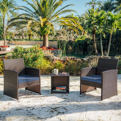 Wicker Outdoor Furniture Set - 3 Piece Patio Bistro Set (Brown/Navy)