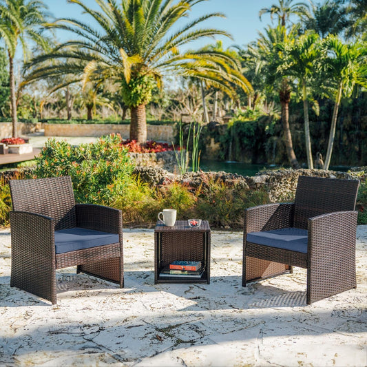 Wicker Outdoor Furniture Set - 3 Piece Patio Bistro Set (Brown/Navy)