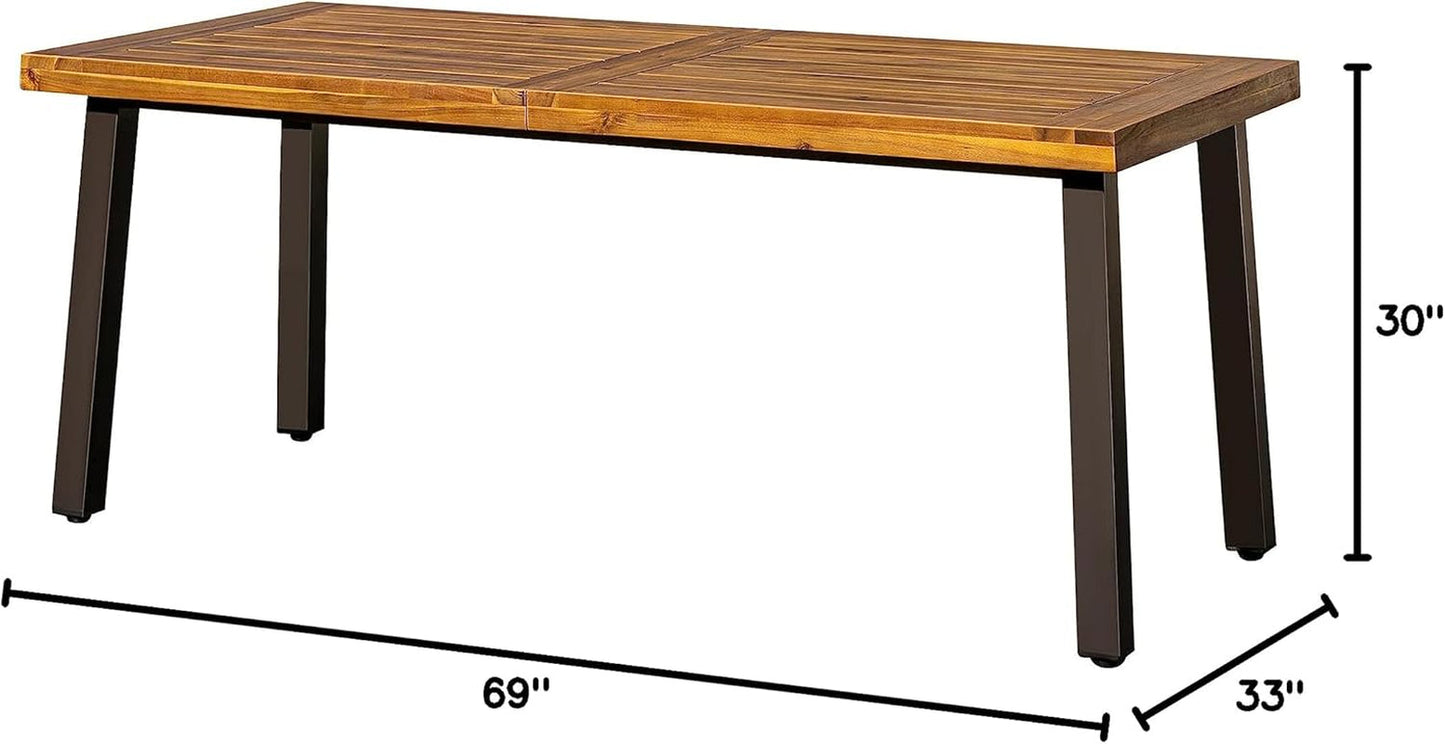 Home Acacia Wood Dining Table 6-Person Indoor Outdoor Table with Iron Legs, Sandblast Finish, Natural Stained, Rustic Metal, 69 * 33 * 30 Inch (Natural)-1