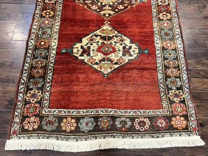 Antique Persian Bidjar Rug 4x8, Triple Medallions, Handmade Oriental Carpet, 1920s Rug, Wool Rug, Red