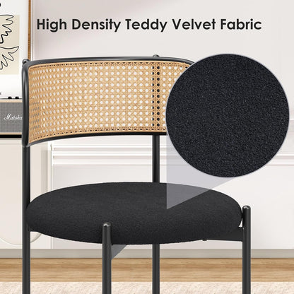Kitchen Chairs Set of 4, Mid-Century Modern Dining Chairs,Kitchen Dining Room Chairs, Rattan Backrest round Upholstered Sherpa Dining Chairs,Black