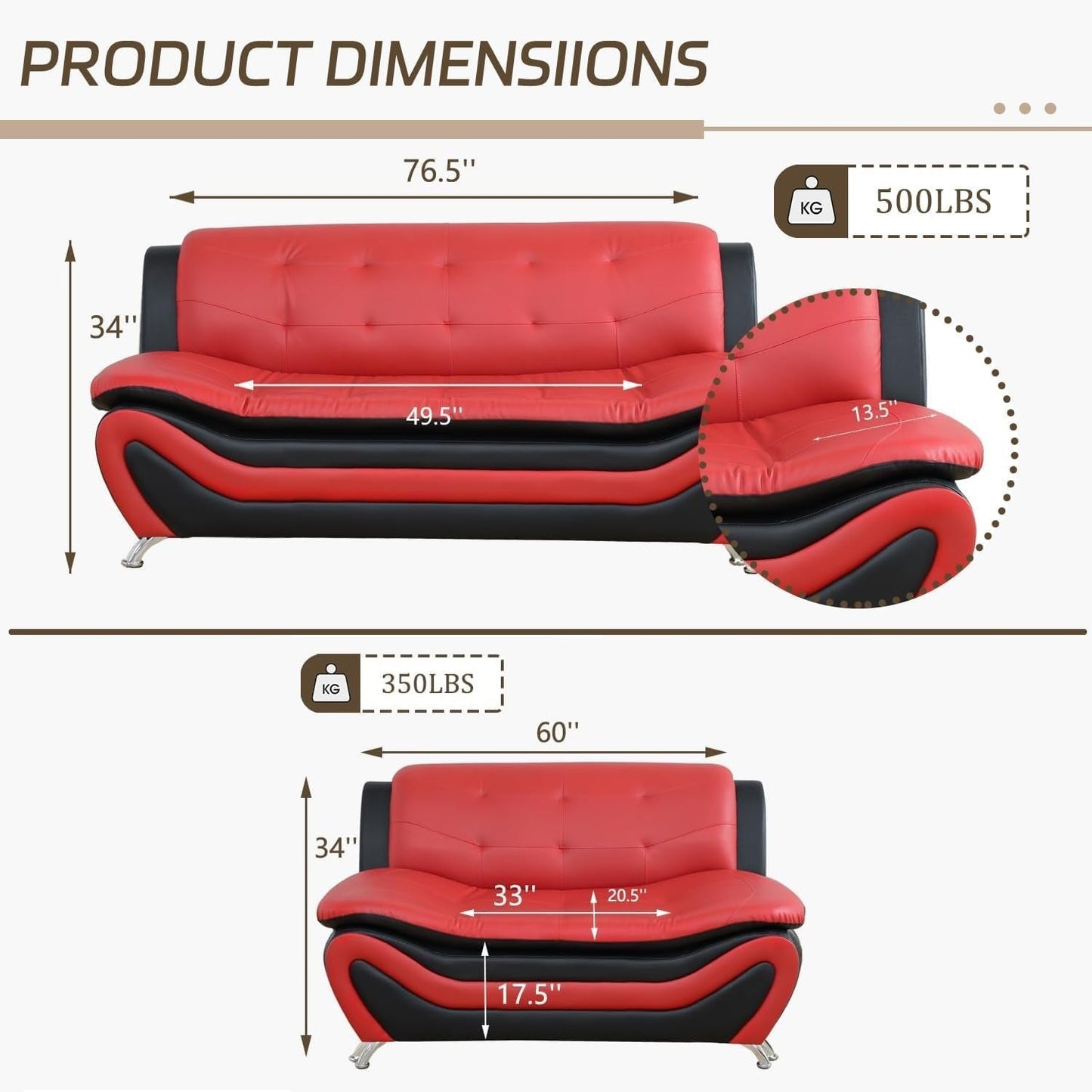 Contemporary Living Room Furniture Set, Faux Leather Sofa Set for Living Room/House/Bedroom/Office/Apartment (Red/Black, Sofa,Loveseat)-1