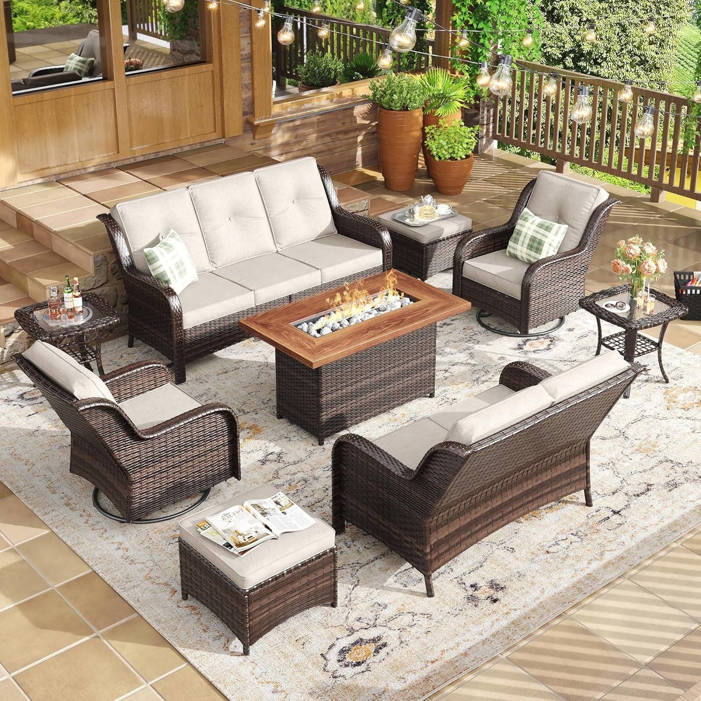Nine Piece Outdoor Patio Wicker Furniture Set with Fire Table