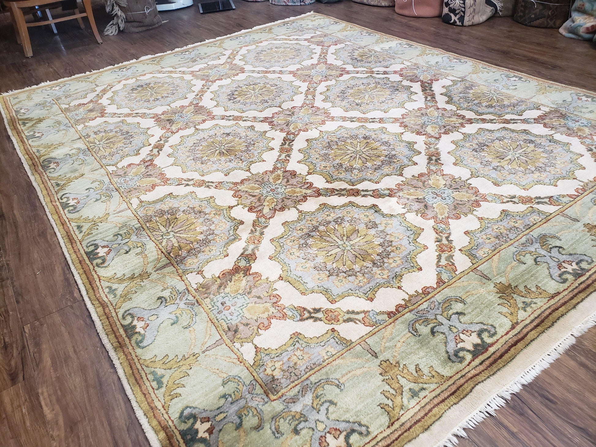 Indo Sultanabad Area Rug 8 x 9.5, Wool Hand-Knotted Ivory Green Teal Decorative Rug, Floral Panel Carpet, Indian Rug, 8 x 10 Bedroom Rug-1