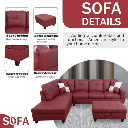 Ponliving Furniture Modern L-Shaped Leather Sectional Sofa Left Hand Facing (Red)-4