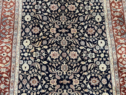 Indo Sarouk Rug 6x9, Vintage Indian Persian Rug, Wool Oriental Carpet, Navy Blue Red Allover Floral Rug, Traditional Very Fine Rug, Area Rug