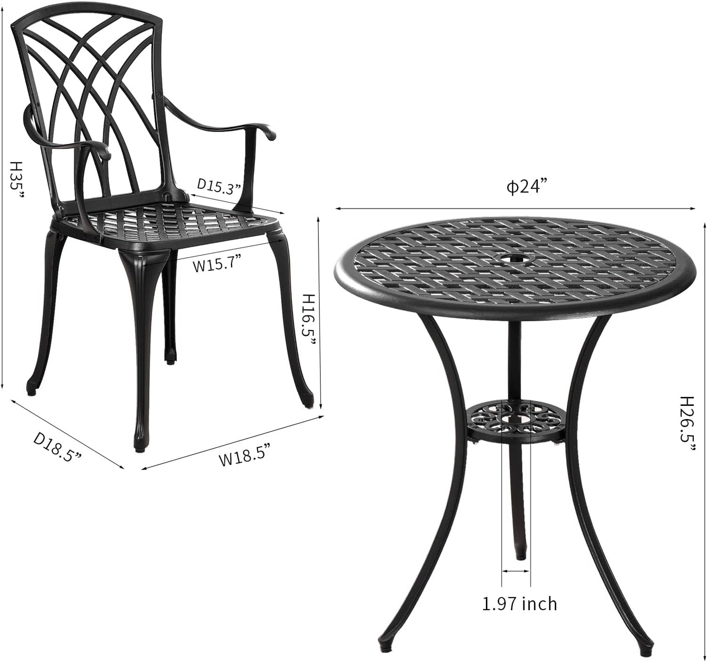 Outdoor 3 Piece Bistro Set Cast Aluminum Bistro Table and Chairs Set of 2, All Weather Bistro Patio Set, Patio Furniture for Garden Black-4