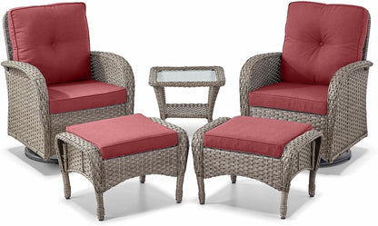 5 Pieces Wicker Patio Furniture Set - Swivel Rocker Outdoor Chairs with Ottomans and Side Table, Small Patio Conversation Set for Porch Deck Backyard Red-1