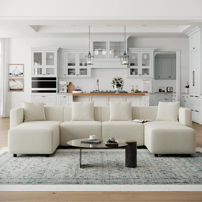 Convertible Modular Sectional Sofa, Modern Linen-Like Fabric Living Room Furniture Set with Reversible Chaise Lounge, Cream U-Shape Couch-0