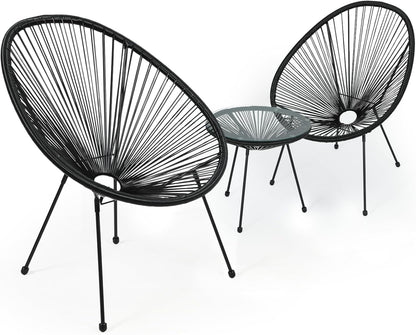 Outdoor Acapulco Chair Set 3-Piece with Glass Top Table, Lightweight All-Weather Woven PE Rope Patio Furniture, Modern Bistro Conversation Set for Patio, Garden, Poolside, Black-0