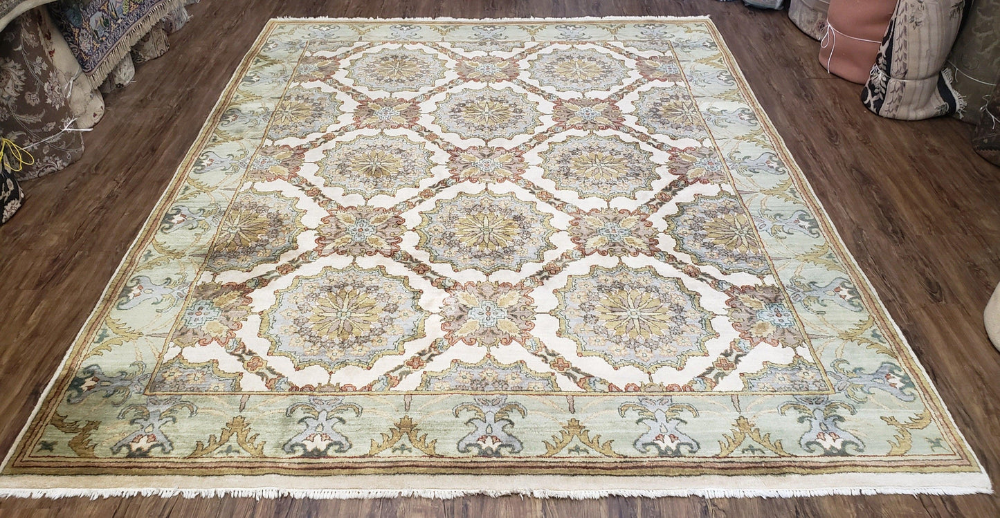 Indo Sultanabad Area Rug 8 x 9.5, Wool Hand-Knotted Ivory Green Teal Decorative Rug, Floral Panel Carpet, Indian Rug, 8 x 10 Bedroom Rug-0