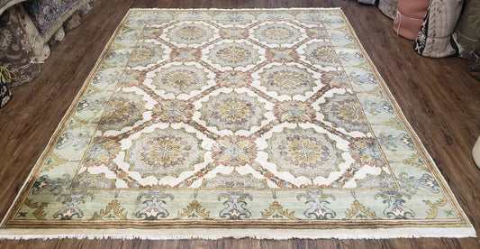 Indo Sultanabad Area Rug 8 x 9.5, Wool Hand-Knotted Ivory Green Teal Decorative Rug, Floral Panel Carpet, Indian Rug, 8 x 10 Bedroom Rug-0