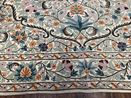 Chain Stitched Rug 9x12 Vintage Carpet 9 x 12 Flatweave Rug, Ivory Teal Rug, Area Rug 9 by 12, Hand Stitched Rug, Medallion, Indian Rug