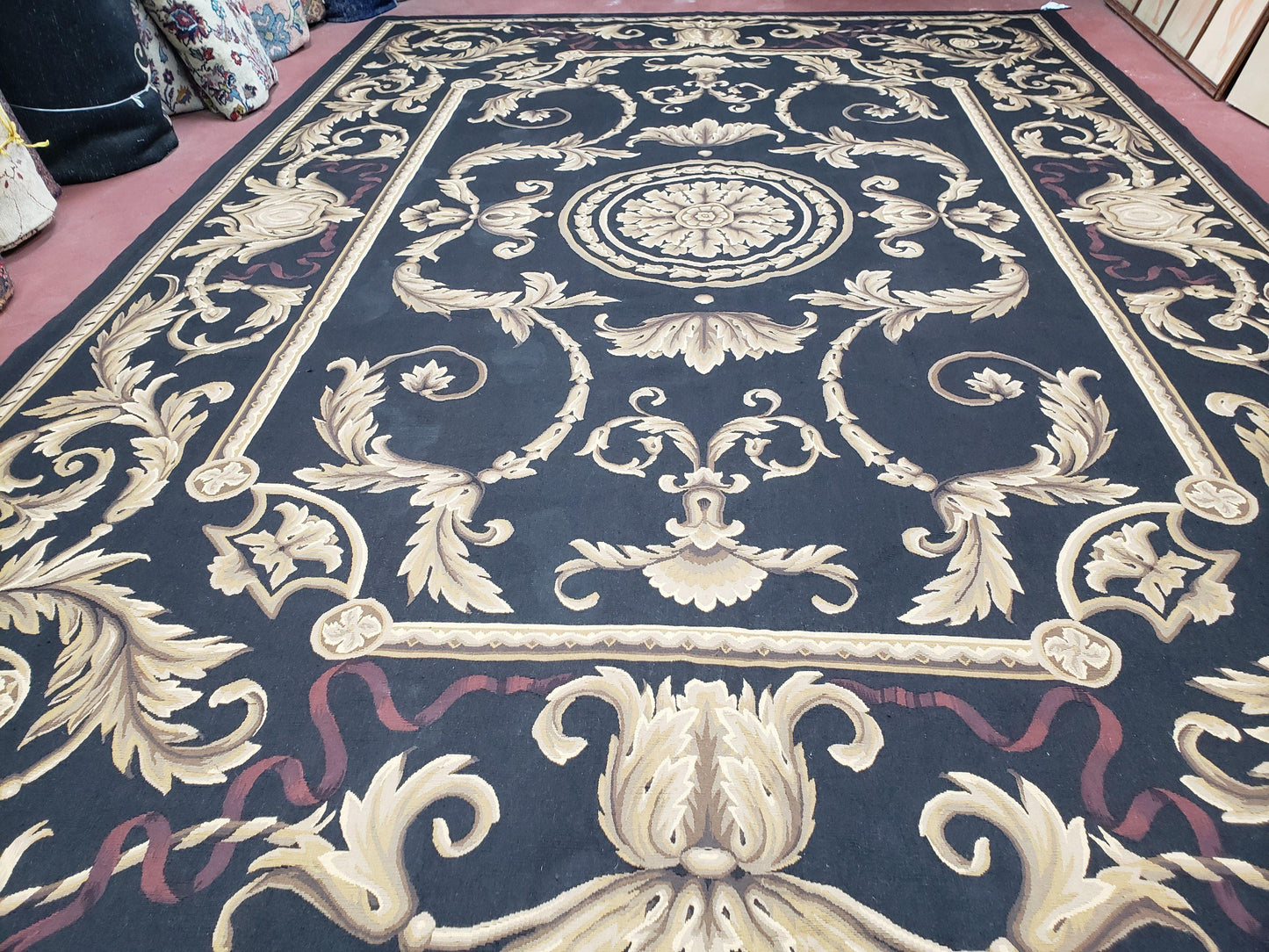 Black and Tan Aubusson Rug, 10 x 14 Aubusson Carpet, New Aubusson Rug, Elegant, Wool, Handmade Area Rug, Flatweave Rug, Large Aubusson Rug