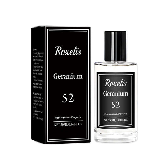 Inspired perfume featuring sandalwood and geranium, in elegant packaging. 50ml bottle of Roxelis Geranium 52.