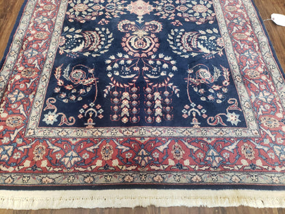 Dark Blue Indo Persian Rug 4x6, Medium Size Hand Knotted Oriental Carpet, Traditional Floral Indian Rug, Blue and Red Entryway Rug, Wool Rug-4