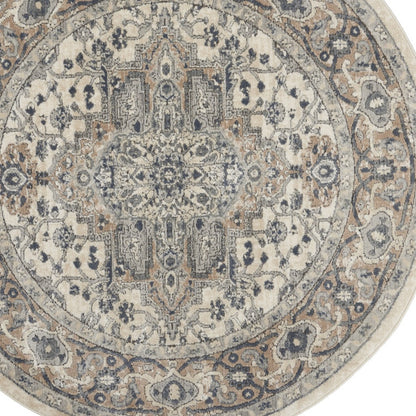 4' Ivory And Gray Oriental Distressed Round Rug