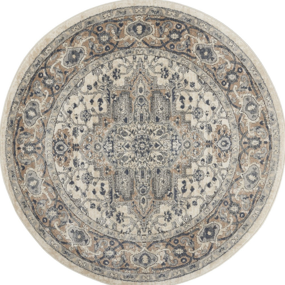 4' Ivory And Gray Oriental Distressed Round Rug