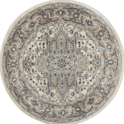 4' Ivory And Gray Oriental Distressed Round Rug