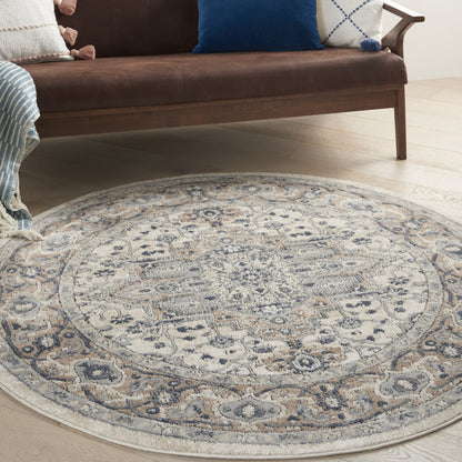 4' Ivory And Gray Oriental Distressed Round Rug