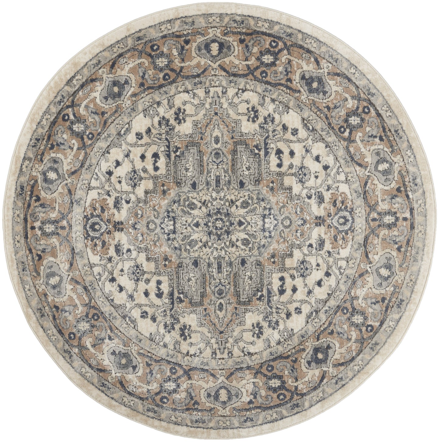 4' Ivory And Gray Oriental Distressed Round Rug