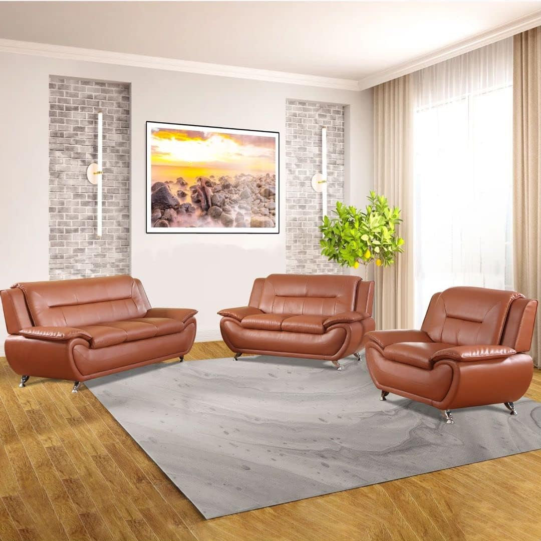 Living Room Furniture Set, Faux Leather Sofa Couch Set, 3 Pieces Modern Sofa Set for Living Room/Apartment/Office (Orange)