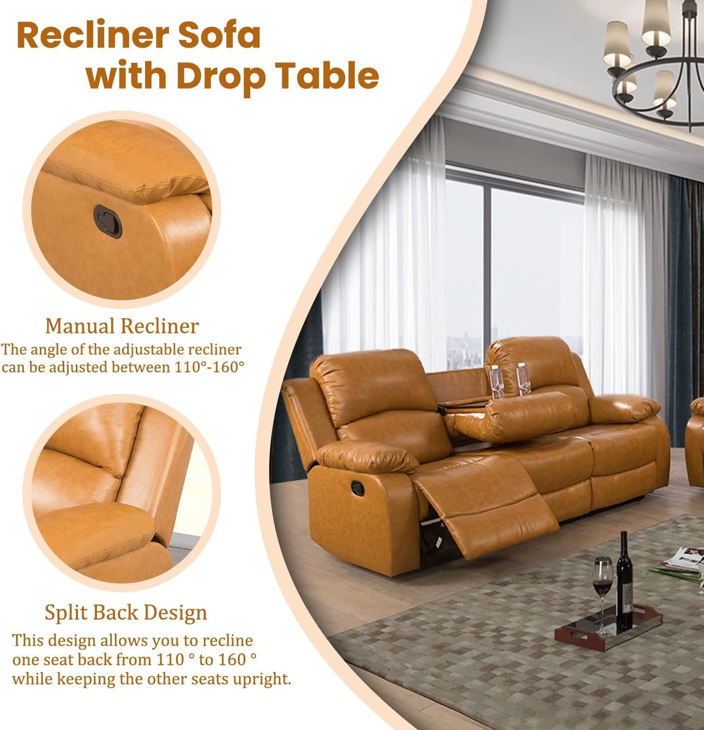 Manual Recliner Sofa Set, Bonded Leather Sofa Set Living Room Furniture, Reclining Sofa Set Leather Recliner Couch with Cup Holder/Storage Console for Living Room (3 Pieces Couch Set,Ginger)-2