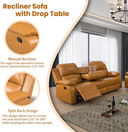 Manual Recliner Sofa Set, Bonded Leather Sofa Set Living Room Furniture, Reclining Sofa Set Leather Recliner Couch with Cup Holder/Storage Console for Living Room (3 Pieces Couch Set,Ginger)-2