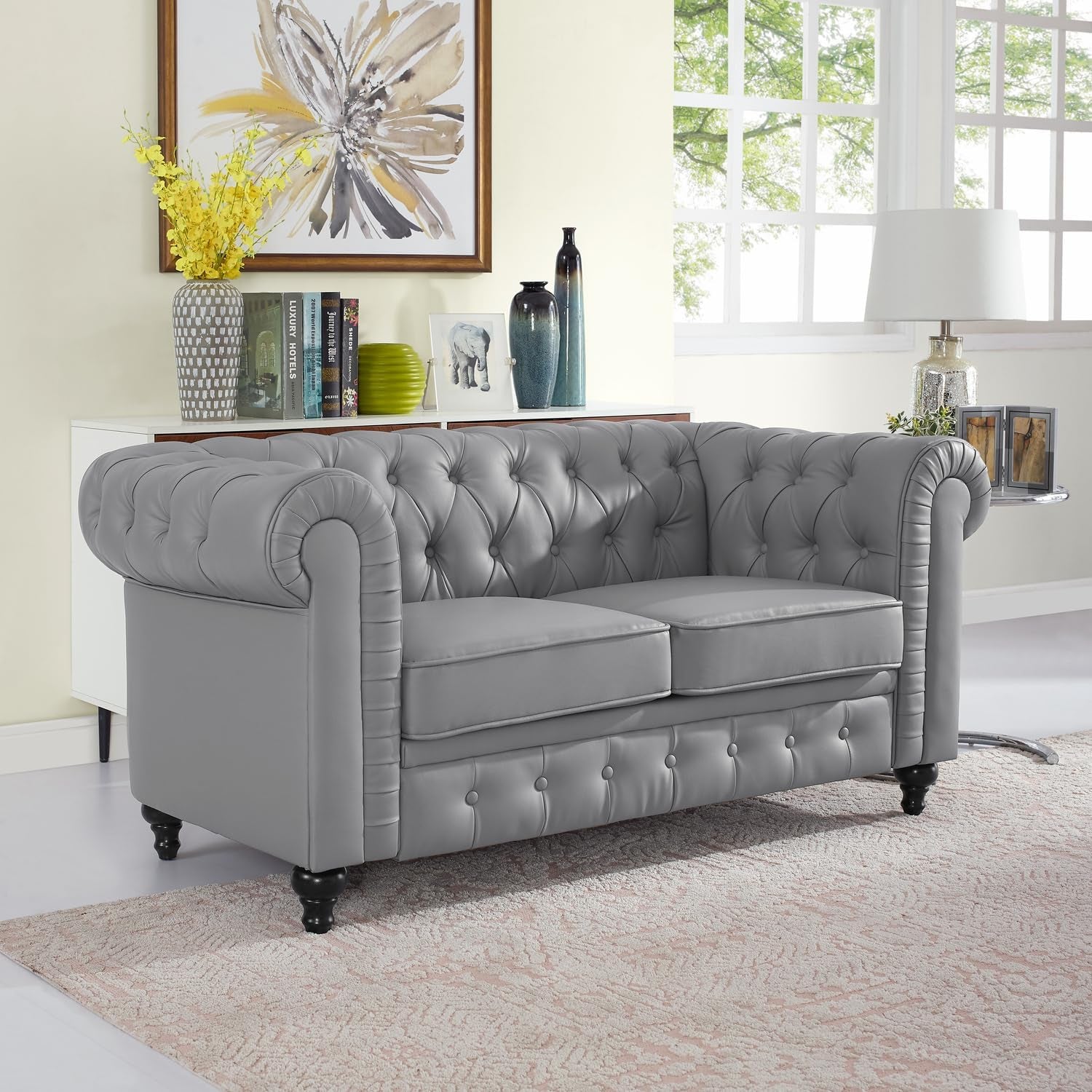 Chesterfield Sofa Set 3 Piece Muebles Para La Sala Juegos Living Room Set Modern Furniture Leather Sofa Set Couches for Living Room Furniture Sets Couch Sets for Living Room 3 Piece - Gray-4