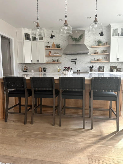 Cohen Mid-Century Modern Leather Bar Stool, Counter Height Chair in Solid Wood Frame with Footrest and Woven Leather Back for Kitchen, Black-4