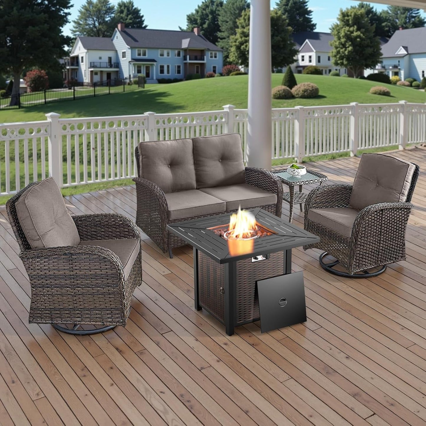 5 Piece Outdoor Patio Furniture Set with 50000 BTU Propane Fire Pit Table, Deep Seating Wicker Swivel Rocker Chairs and Loveseat Glider Patio Conversation Set for Poolside Deck Backyard Grey-0
