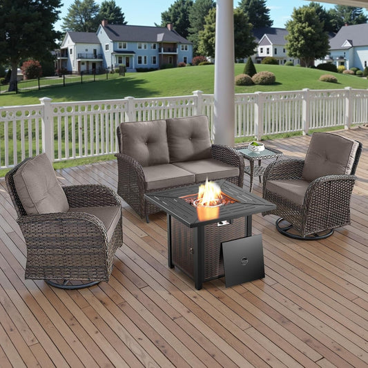 5 Piece Outdoor Patio Furniture Set with 50000 BTU Propane Fire Pit Table, Deep Seating Wicker Swivel Rocker Chairs and Loveseat Glider Patio Conversation Set for Poolside Deck Backyard Grey-0