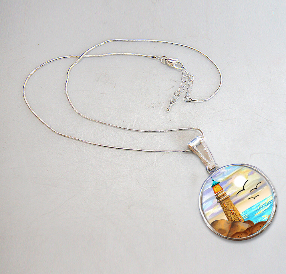 Light House Silver Plated Mother of Pearl Jewelry Pendant Necklace Coastal - 44049