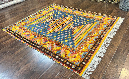 Colorful Moroccan Rug 7x8, Abstract Design, Wool Multicolor Handmade Vintage Carpet, Tribal Rug, Berber Rug