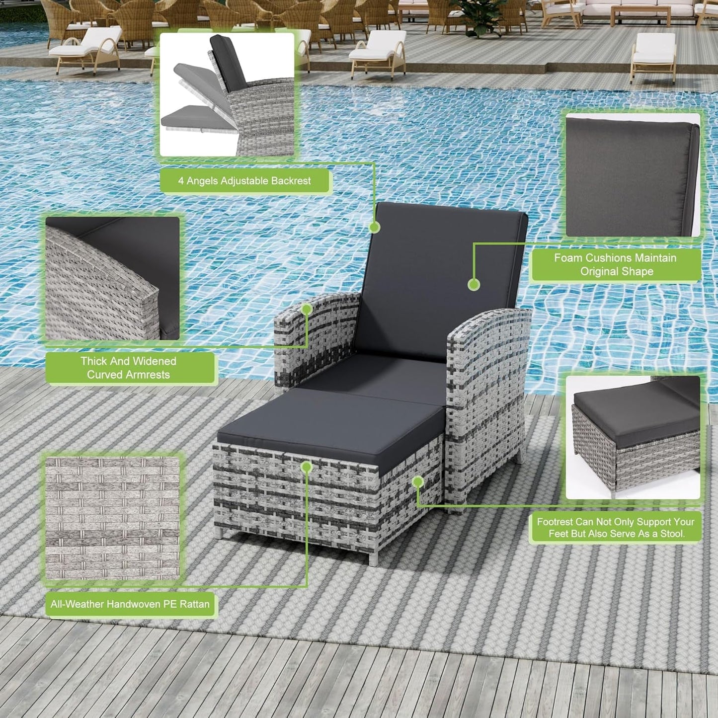 Outdoor Patio Chairs with Ottomans, 5 Piece Outdoor Patio Furniture Set, Wicker Patio Conversation Set, Outdoor Sofa with Ottoman, and Table for Porch, Garden, and Balcony, Grey-4